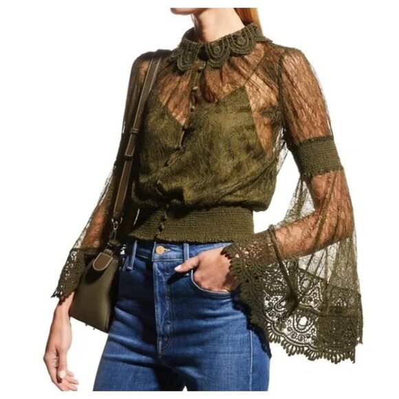 Alice + Olivia Millie Bell-Sleeve Crochet Collared Top - Picture 2 of 10